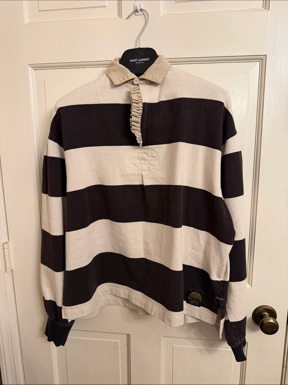 Kapital Women's Jail Stripe Jersey Big Rugger Shirt Black / Ecru size 1